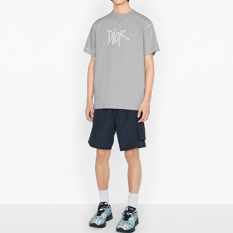 DIOR And Shawn Stussy Collaborative Letter Logo Print Oversized Short Sleeve For Men Grey 033J625E0554-C800