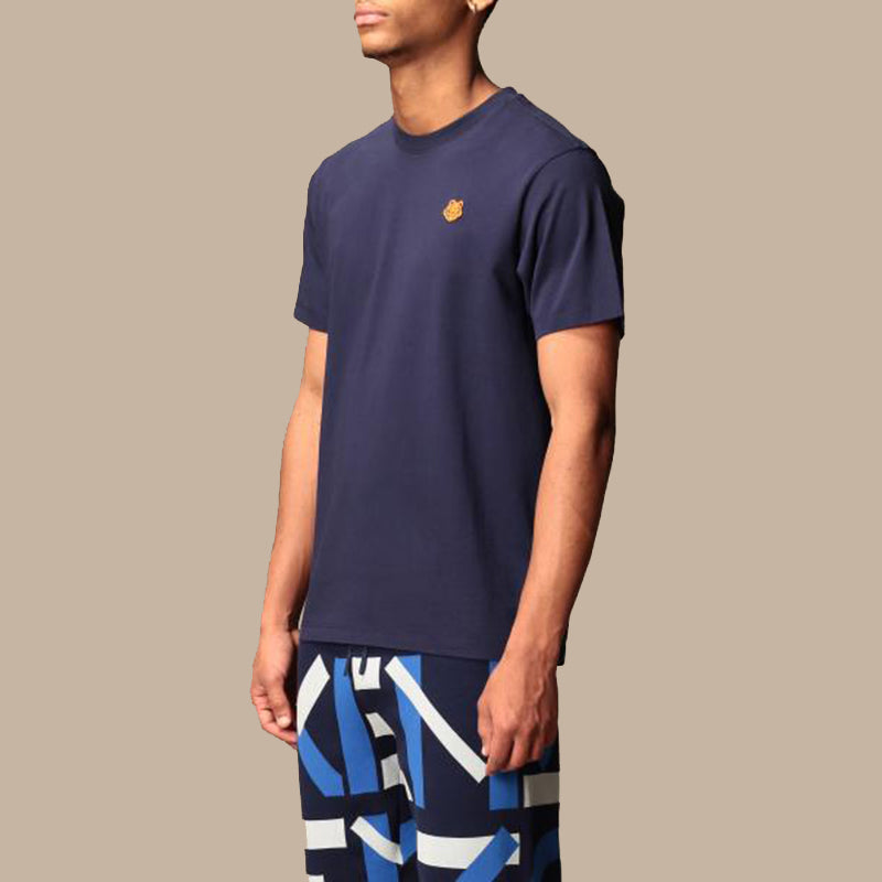 Men's KENZO SS22 Small Tiger Head Pattern Embroidered Round Neck Short Sleeve Navy Blue FB55TS0034SA-76