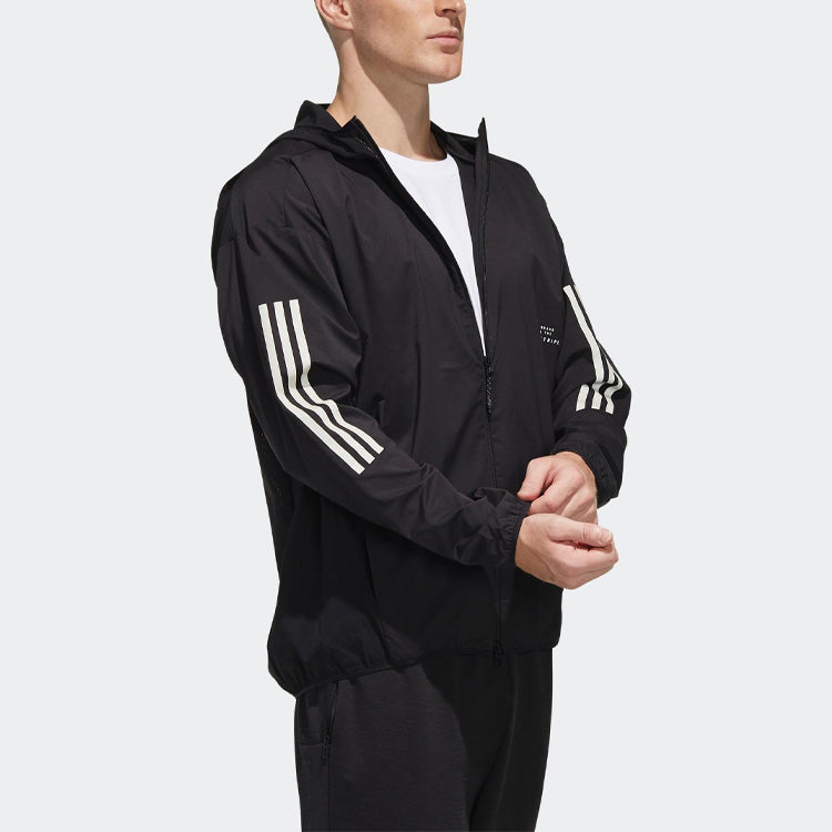 Men's adidas Logo Stripe Printing Hooded Jacket Black FM5325