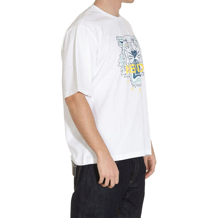 Men's KENZO Classic Tiger Head Printing Loose Round Neck Short Sleeve White FA55TS5004YA-01