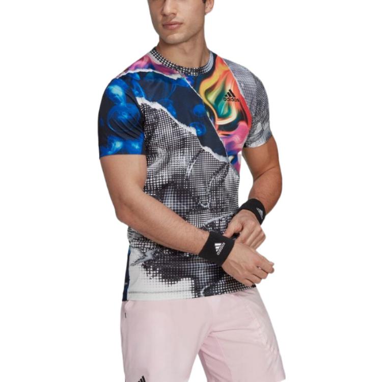 Men's adidas Pattern Full Print Logo Casual Round Neck Pullover Short Sleeve Multicolor T-Shirt HC8530