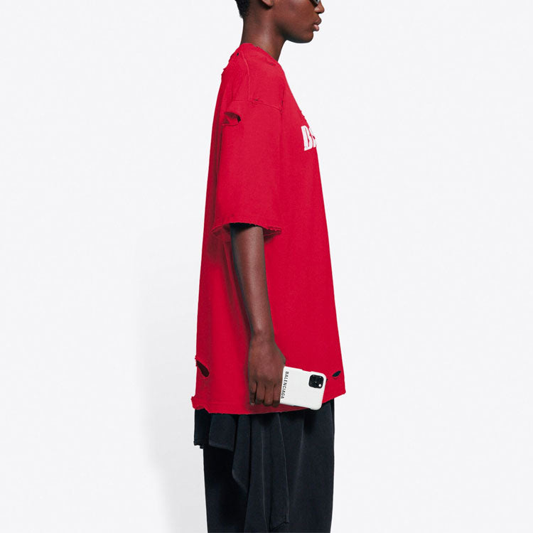 Men's Balenciaga Alphabet Printing Pattern Hole Round Neck Short Sleeve Red 651795TKVB86295
