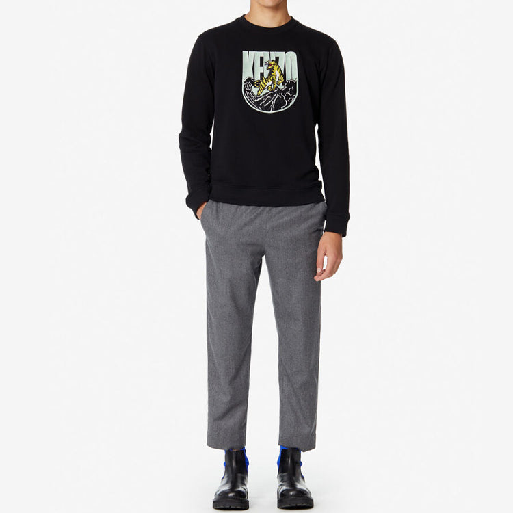 Men's KENZO Embroidered Cotton Round Neck Long Sleeves Black F96-5SW125-4X6-99