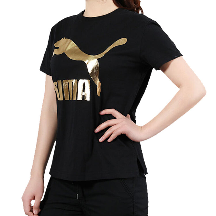 (WMNS) PUMA Classics Logo Short Sleeve TEE Black/Gold 579406-83