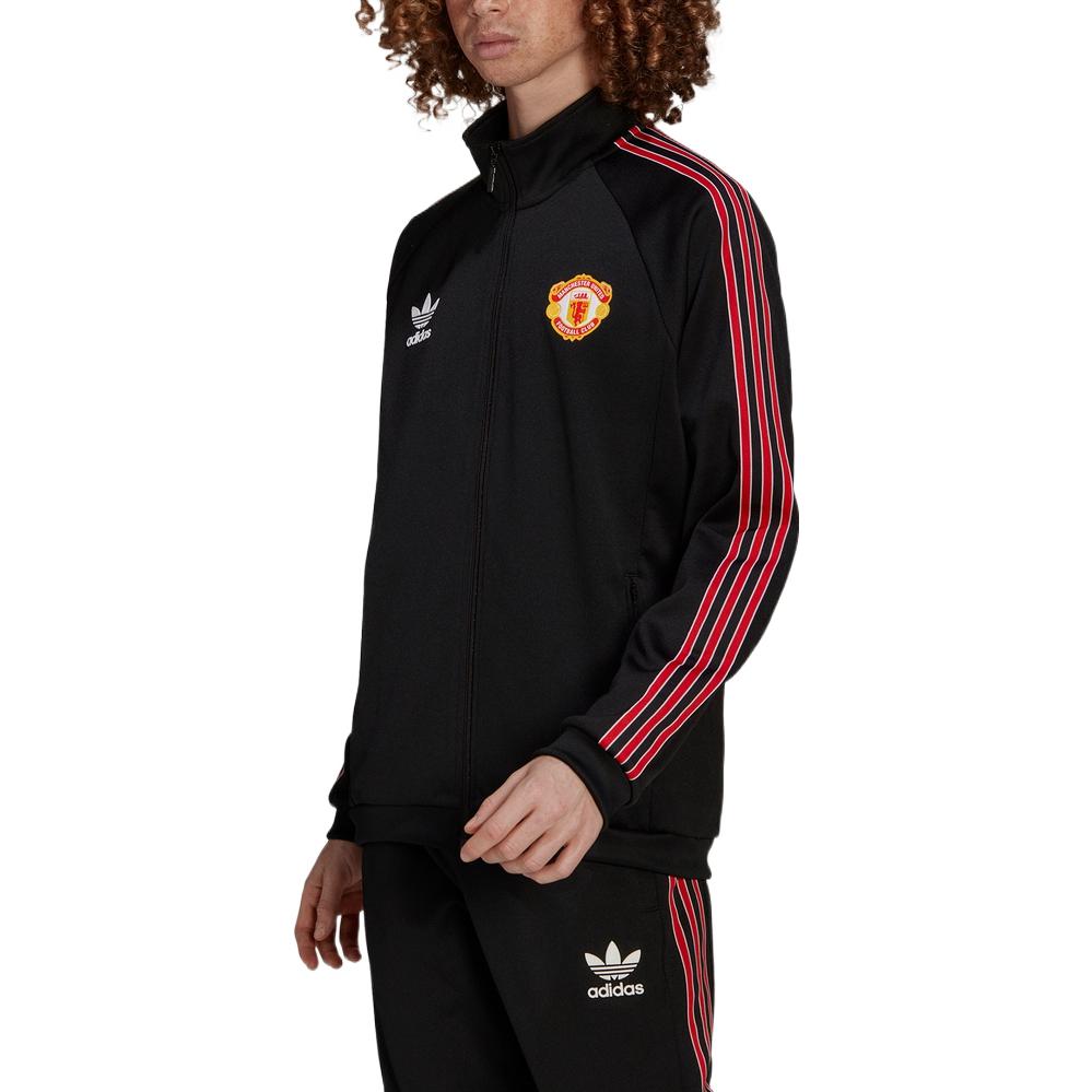 Men's adidas originals SS22 Manchester United Sports Stripe Logo Stand Collar Jacket Black HP0454