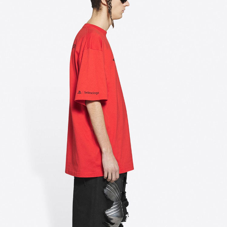 Balenciaga x PlayStation Crossover FW21 PS5 Alphabet Geometry Pattern Printing Short Sleeve Unisex Red 651795TKVF36552