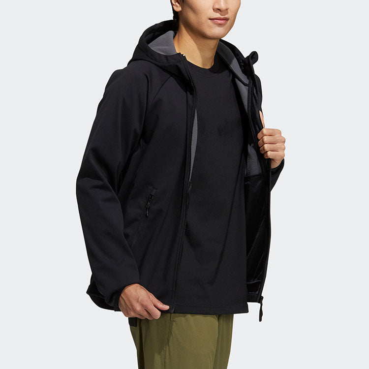 adidas Softshell Jkt Outdoor Sports Solid Color Logo Fleece Lined Hooded Jacket Black H13799