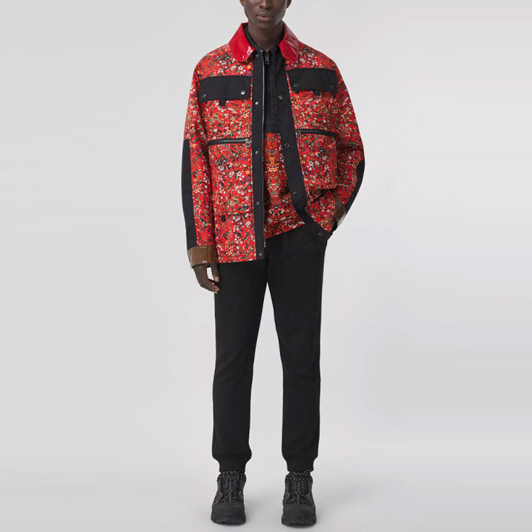 Men's Burberry SS21 Flowers Printing Zipper Short Sleeve Shirt Red 80415431