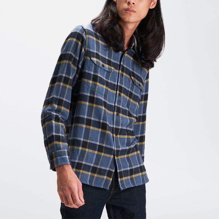 Men's Levis Casual lapel Plaid Long Sleeves Shirt Yellow Blue Plaid 19587-0135