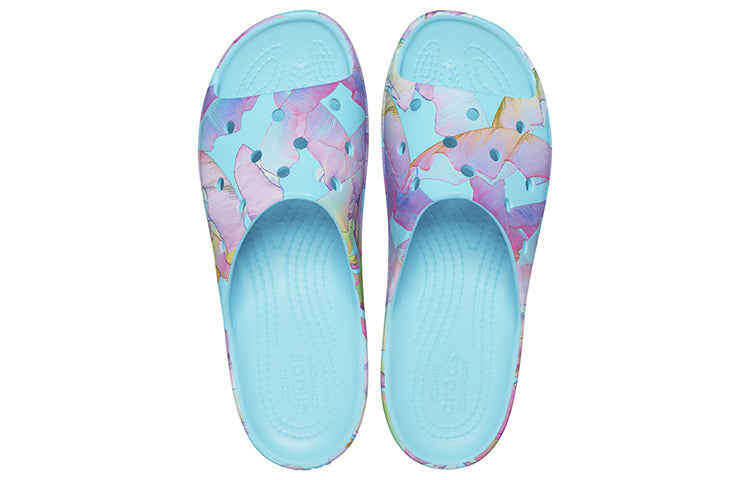 (WMNS) Crocs Classic Platform Palm Print Slide 'Blue Multi-Color' 208607-4NQ
