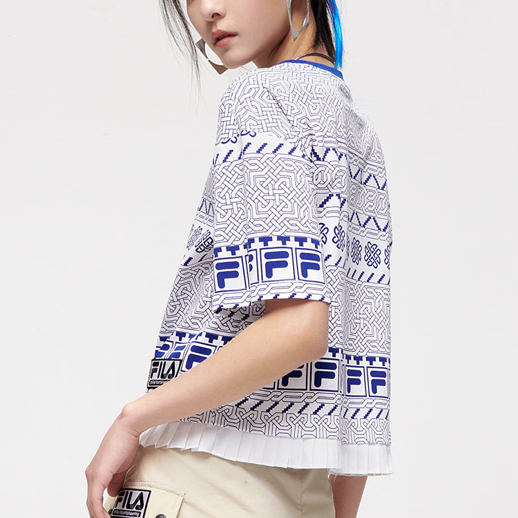 FILA FUSION x WM White Crossover Printing Loose Round Neck Short Sleeve Blue Totem T-Shirt T11W127104F-WT