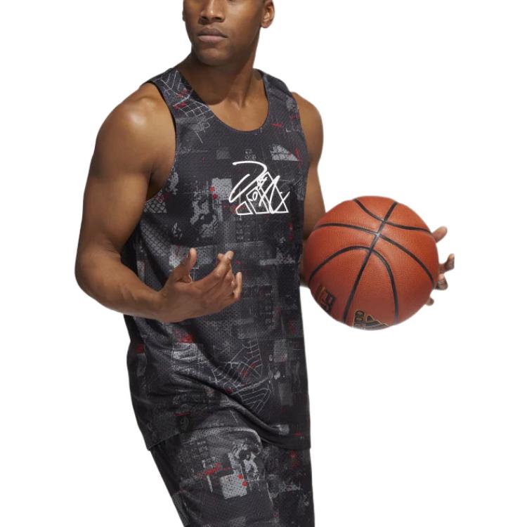 Men's adidas Geometry Pattern Logo Printing Straight Sports Black Vest HE6377