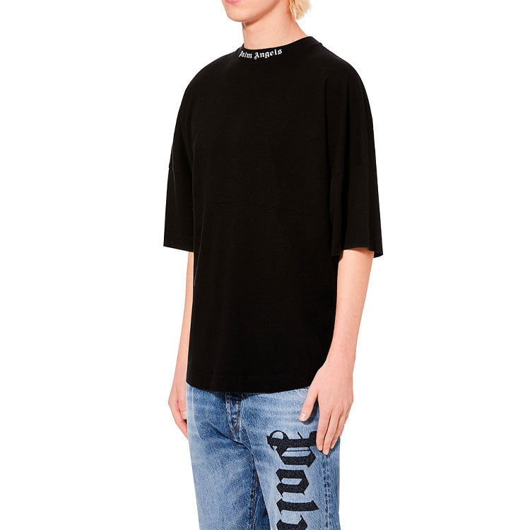 Men's PALM ANGELS Logo Mock Neck Tee Logo Printing Short Sleeve Black PMAA002E194130021001