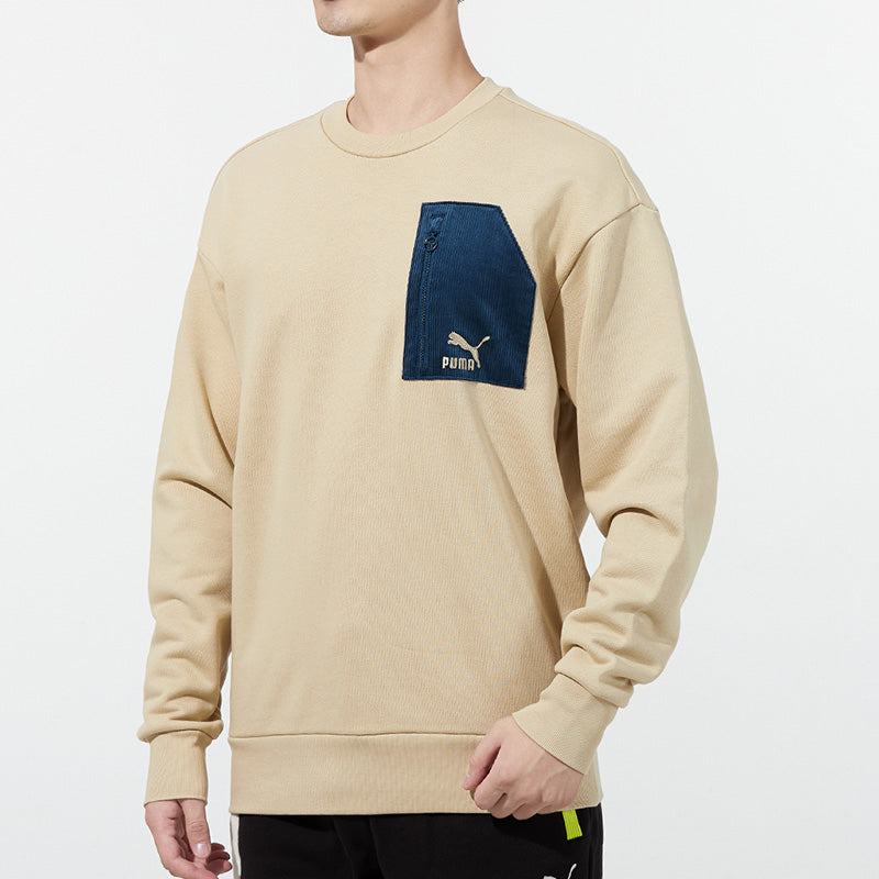 PUMA Contrasting Colors Zipper Pocket Sports Round Neck Pullover Khaki 535130-12