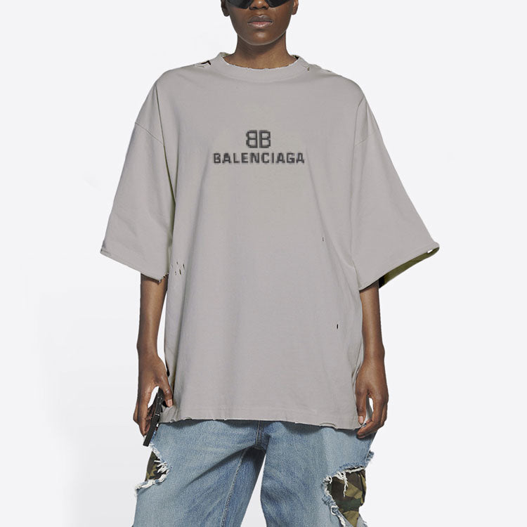 Men's Balenciaga Mosaic Logo BB Alphabet Loose Hole Distress Short Sleeve Gray 651795TKVF58174