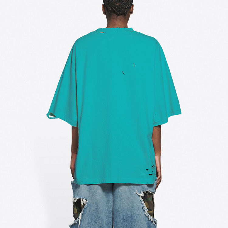 Balenciaga Mosaic Logo BB Alphabet Loose Hole Distress Short Sleeve Unisex Blue 651795TKVF53660