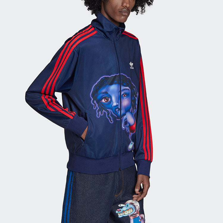 Men's adidas originals x Kerwin Frost Crossover Cartoon Printing Stripe Stand Collar logo Sports Jacket Blue H66305