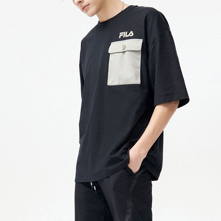 FILA FUSION Contrasting Colors Pocket Round Neck Loose Sports Short Sleeve Couple Style Black T11U126102F-BK