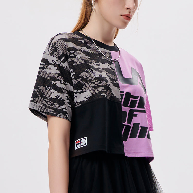 FILA FUSION Logo Printing Splicing Round Neck Loose Short Sleeve Black T11W136101F-VT