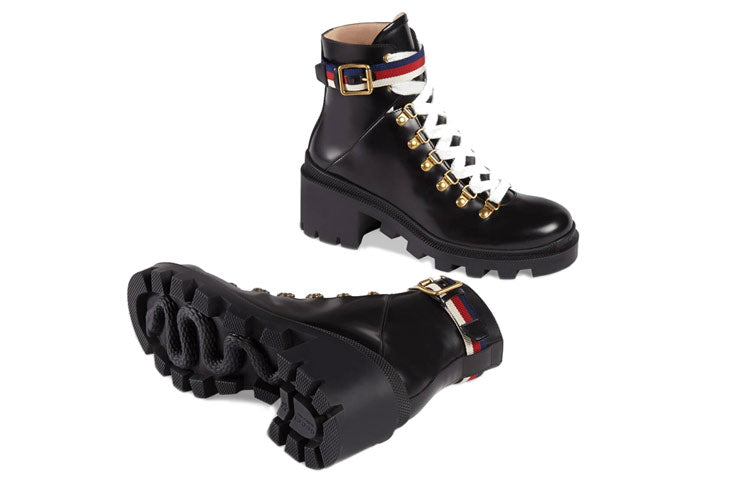 (WMNS) Gucci Sylvie Series Webbing Leather Ankle Boots Black 481156-DKS30-1159