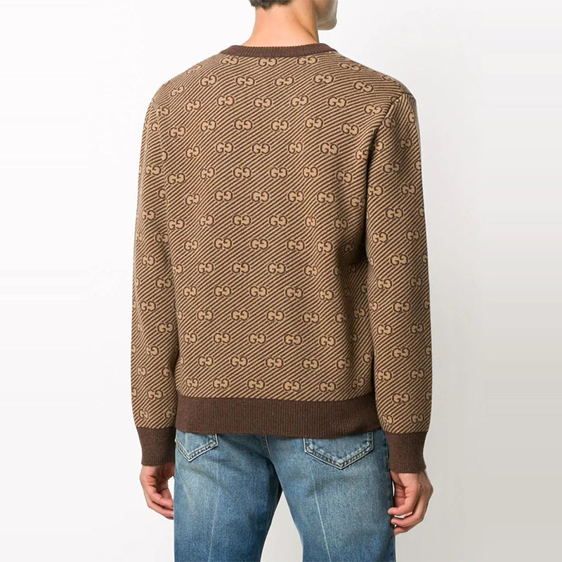 Men's Gucci SS21 Alphabet Pattern V Neck Wool Sweater Brown 626643-XKBFZ-2381