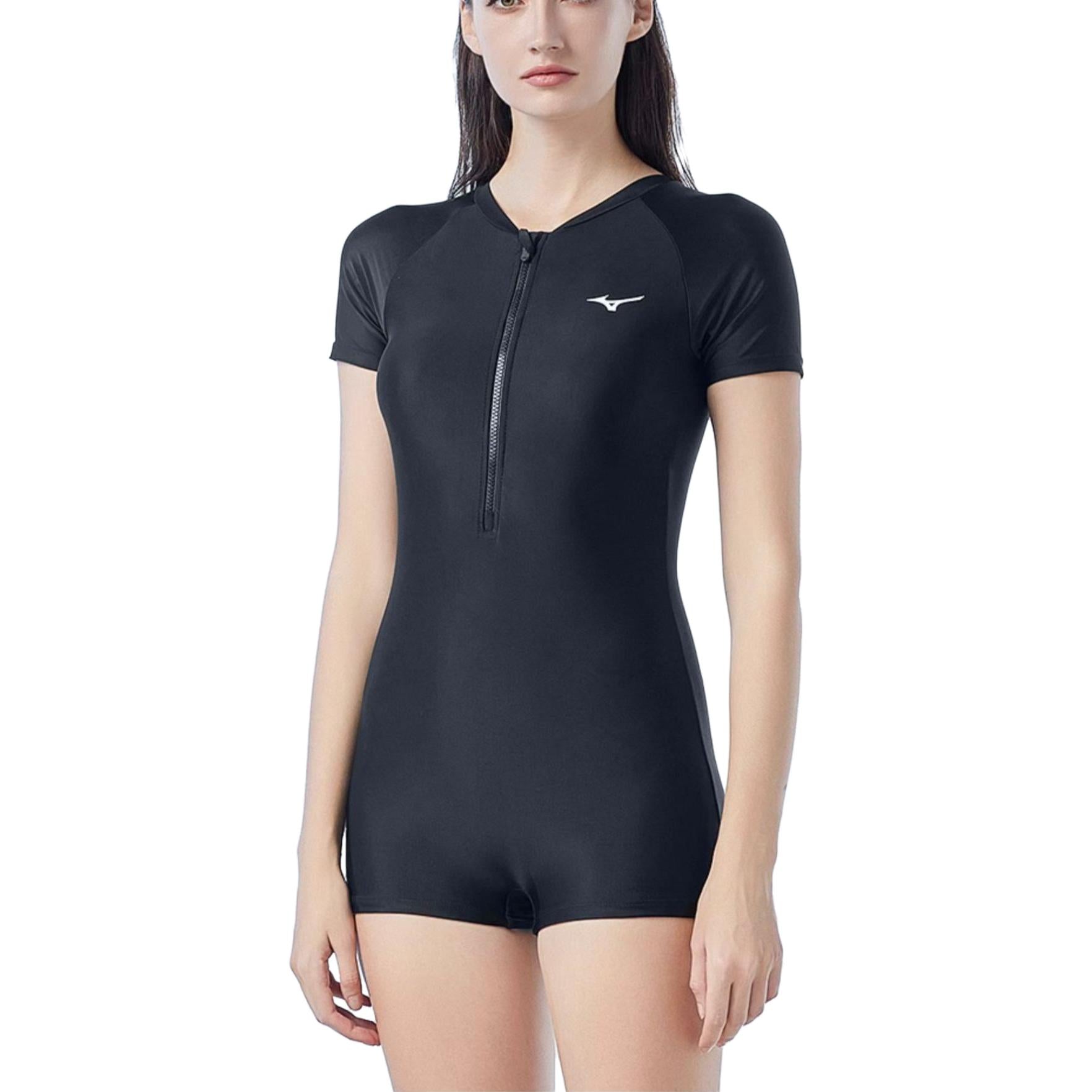 (WMNS) Mizuno Zip Up Short Sleeve Swimsuit 'Black' N2CA1347