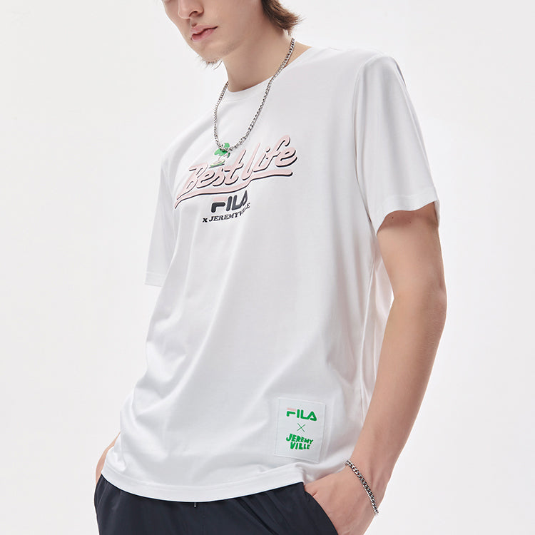 FILA FUSION x Jeremyville Crossover Cartoon Alphabet Printing Sports Short Sleeve Couple Style White T11U139104F-WT