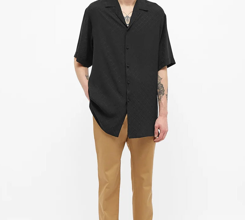 Gucci Tonal Vacation Checked Printed Silk Short Sleeve Shirt For Men Black 623156-ZADWP-1000