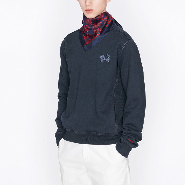 Men's DIOR x Kenny Scharf Crossover SS22 TIGER Printing Round Neck Long Sleeves Navy Blue 213J645A0531-C542