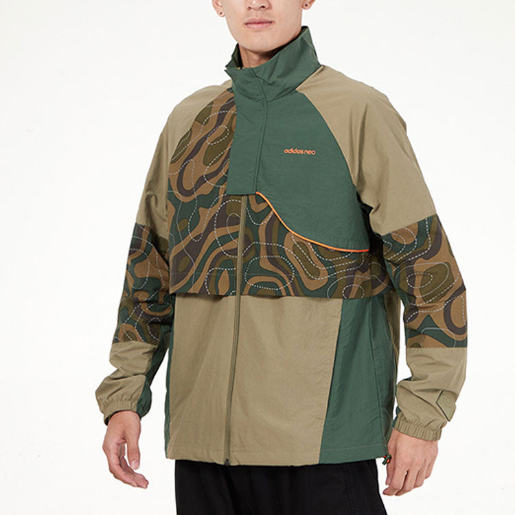 Men's adidas neo Cg Jk2 Contrast Color Stitching Sports Stand Collar Logo Jacket Military Green HE7944