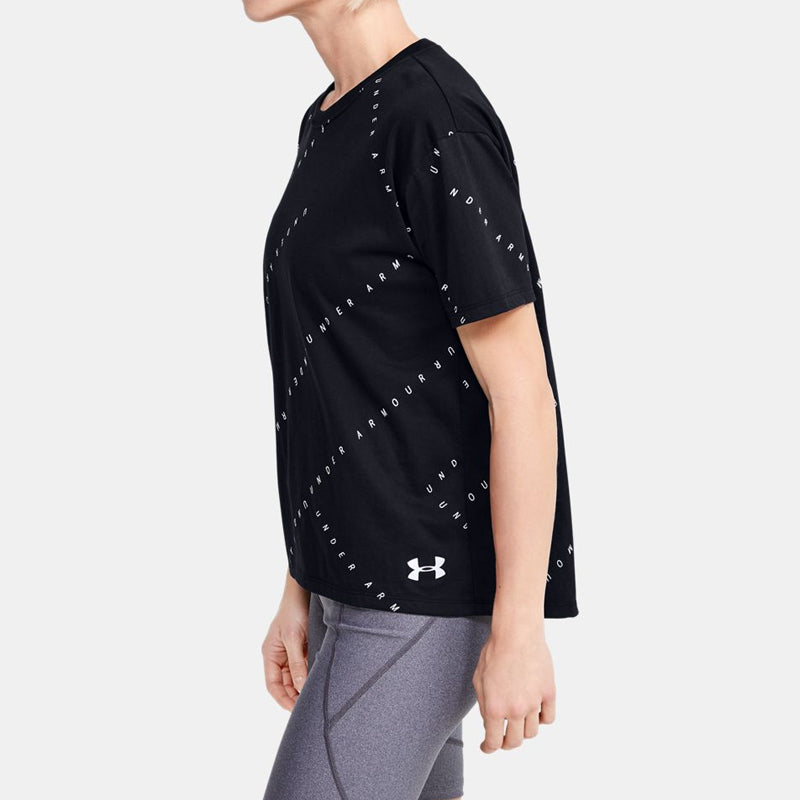 (WMNS) Under Armour Logo Live Training Sports Printing Short Sleeve Black 1355708-001