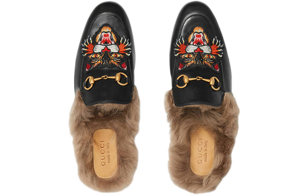 Gucci Tiger Head Embroidered Leather One Pedal Flat Shoes Black Fleece Lined 478285-DKHH0-1063