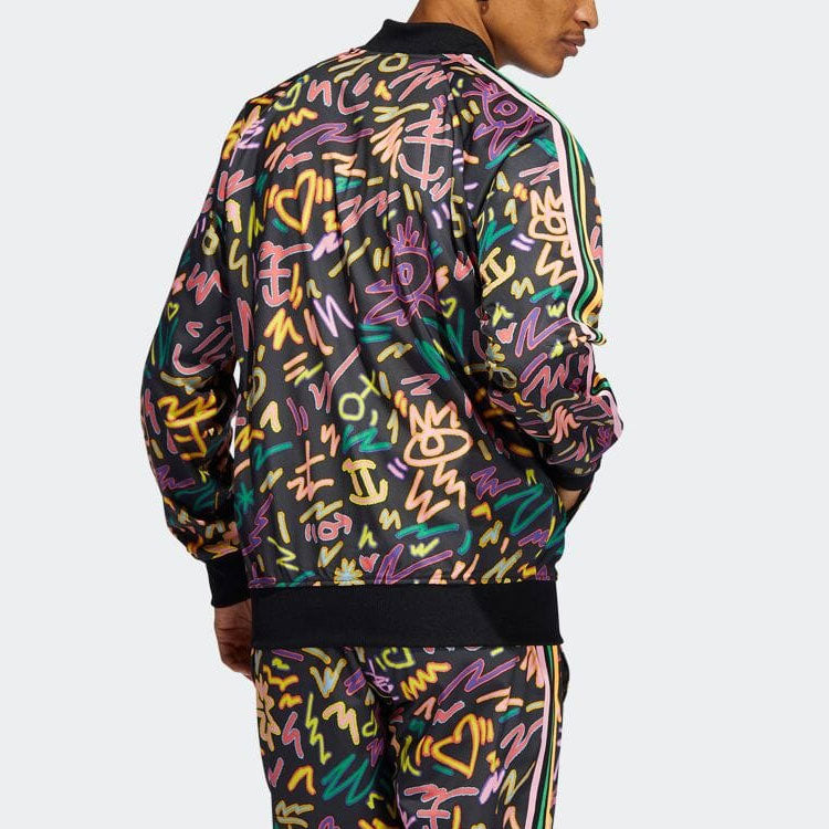 adidas originals Full Print Geometry Pattern Stripe Baseball Collar Long Sleeves Jacket Japanese version Black HC3088