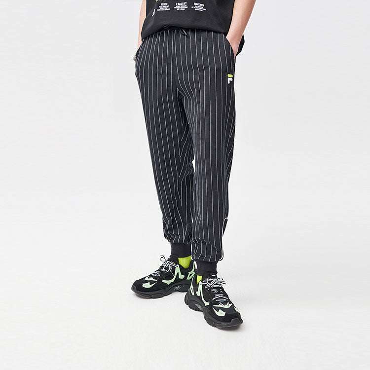 FILA FUSION Knit Breathable Stripe Athleisure Casual Sports Bundle Feet Pants Black T11M122605F-BK