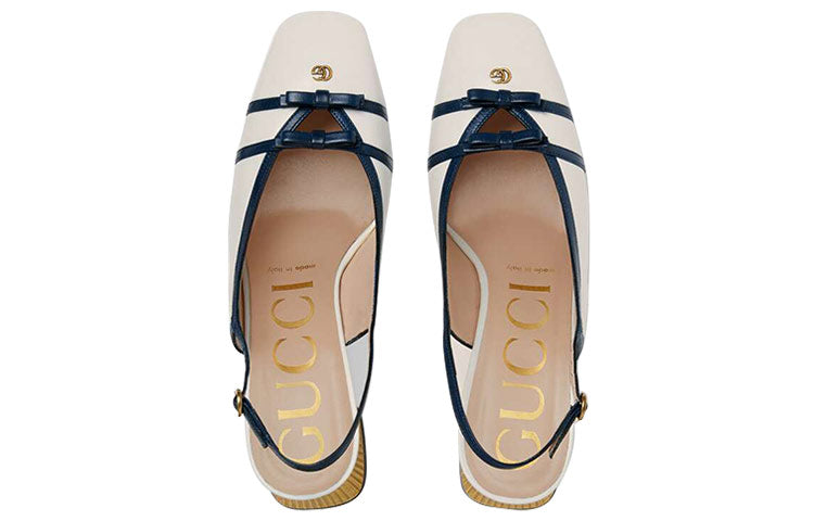 (WMNS) Gucci Leather Mid-Heel Slingback Pumps With Block heel 'White Navy' 608932-C9D10-9068