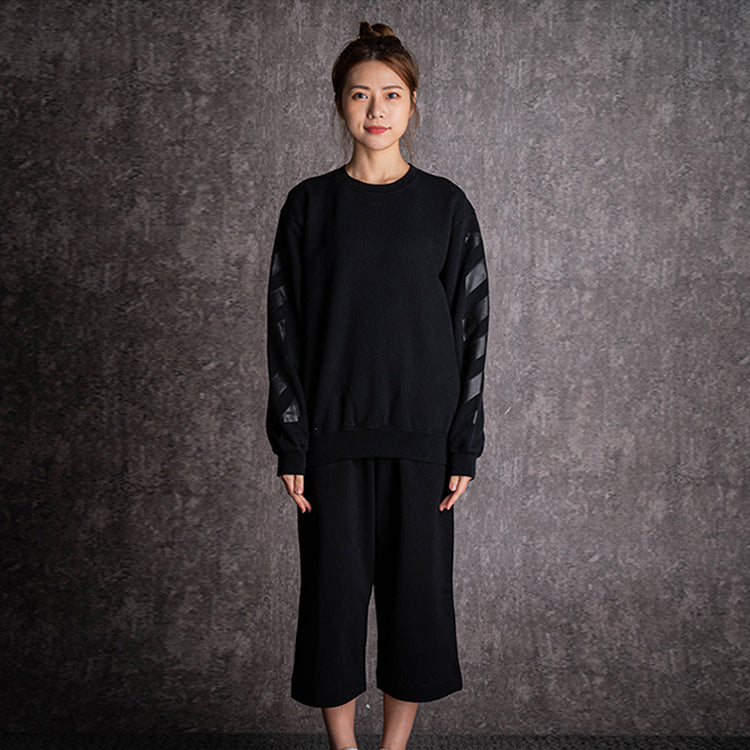 (WMNS) Off-White Casual Fleece Lined Logo Arrow Cotton Pullover Round Neck Black Hoodie OWBA046E19F300961010