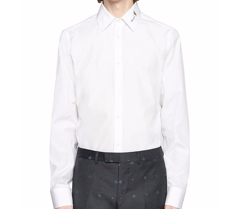 Gucci Flower Cut Silk Poplin Decorative Long Sleeve Shirt For Men White 547230-ZAAET-9000