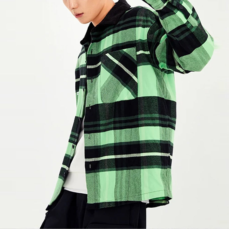 Li-Ning BADFIVE Sports Basketball Series Plaid Loose Fleece Lined Long Sleeves Shirt 'Green' ASHS005-1
