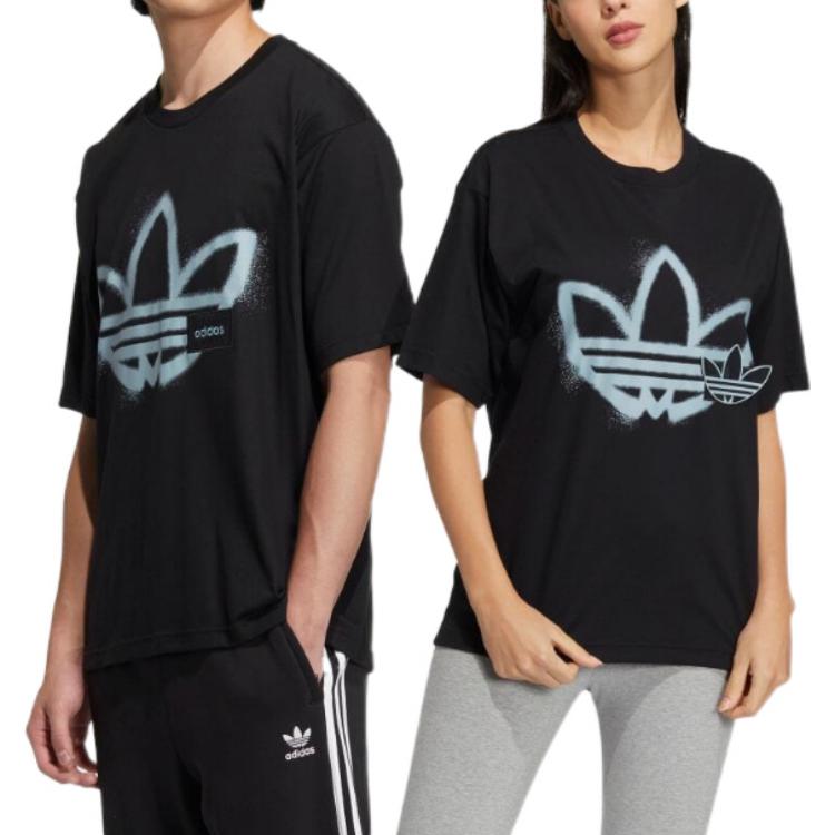 adidas originals Round Neck Dropped Shoulder Sleeves Large Logo Printing Short Sleeve Unisex Black T-Shirt HS2007