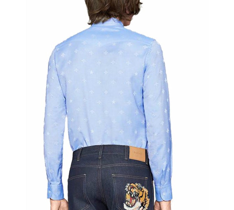 Gucci Bee Star Print Long Sleeve Shirt For Men Blue 452041-Z327C-4910