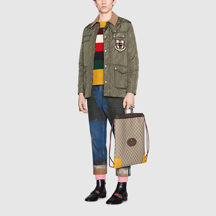Gucci Neo Vintage Metallic Tiger Head Logo Canvas Drawstring schoolbag Backpack Unisex / / Brown / Yellow 473872-K9RKT-8858