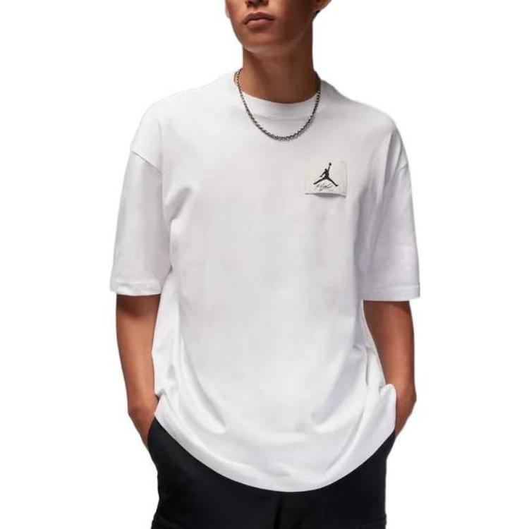 Men's Air Jordan Flight Essentials Solid Color Logo Label Loose Pullover Round Neck Half Sleeve White T-Shirt DZ7314-100