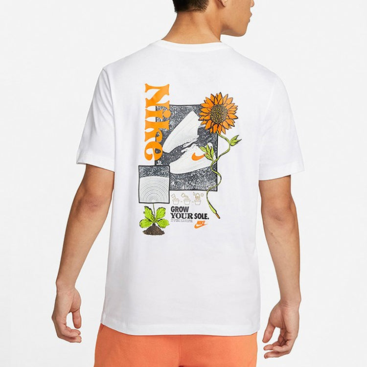 Men's Nike Logo Plant Pattern Cartoon Printing Round Neck Casual Short Sleeve White T-Shirt DQ1034-100
