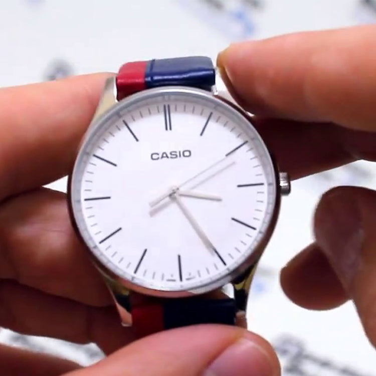 Men's CASIO Dress Series Leather Strap White Dial Pointer Display Quartz Watch Blue Red Analog Mens MTP-E133L-2EEF