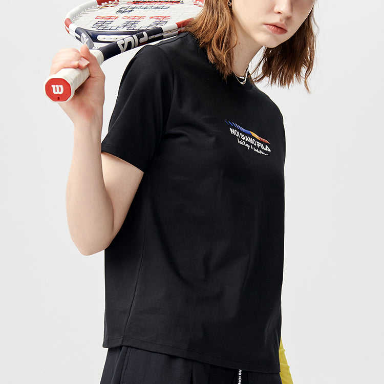 FILA FUSION Alphabet Printing Knit Sports Short Sleeve Black T11W121101F-BK