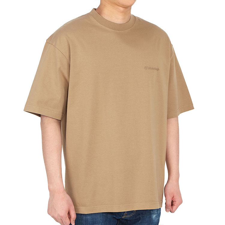 Men's Balenciaga SS21 Loose Round Neck Alphabet Embroidered Logo Short Sleeve Khaki 612966TJV879504