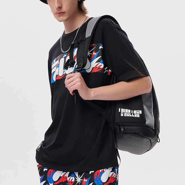 Men's FILA FUSION Contrasting Colors Logo Printing Basketball Sports Loose Short Sleeve Black T11M135106F-BK