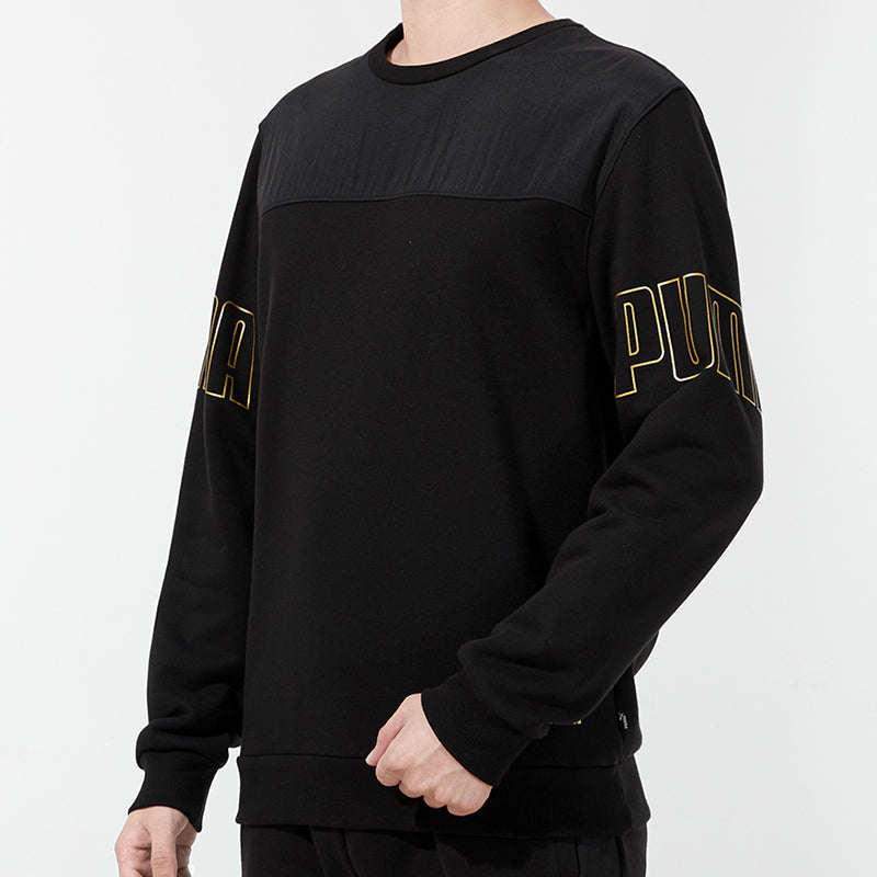 PUMA Winterized Crew Bronzing Logo Splicing Sports Round Neck Pullover Black 848256-01