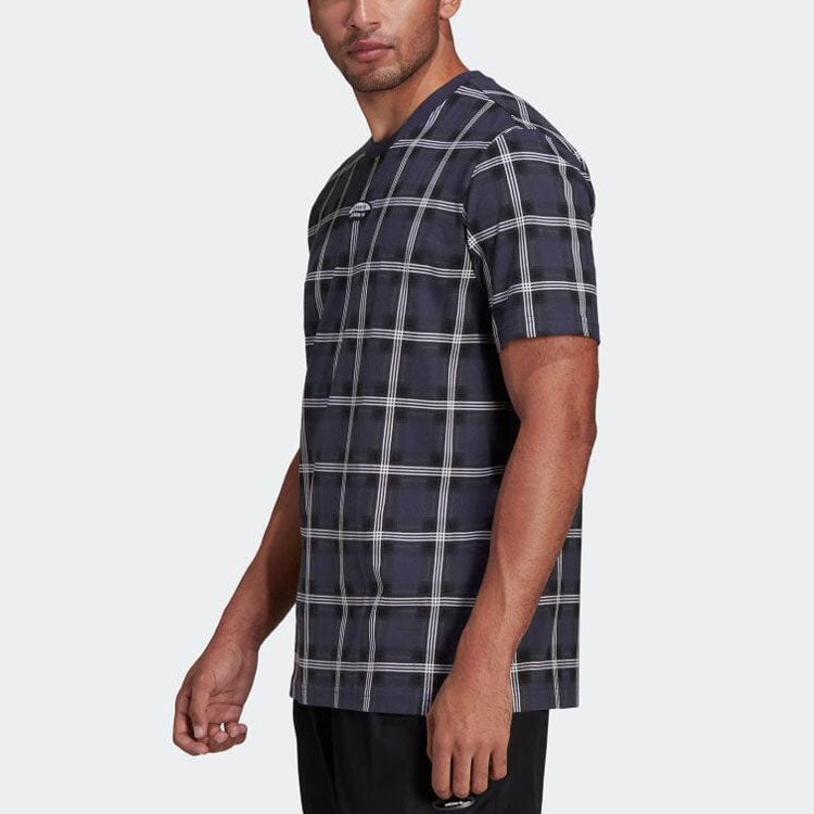 Men's adidas Plaid Casual Round Neck Pullover Short Sleeve Japanese Version Blue T-Shirt HC9495