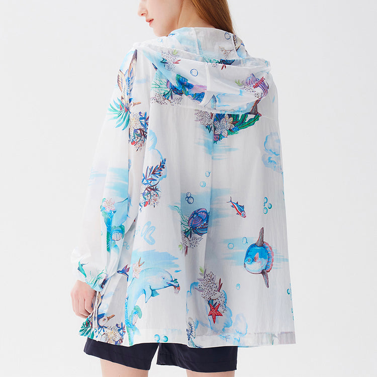 (WMNS) FILA Full Print Loose Woven Hooded Jacket 'White Blue' F11W128702F-WT